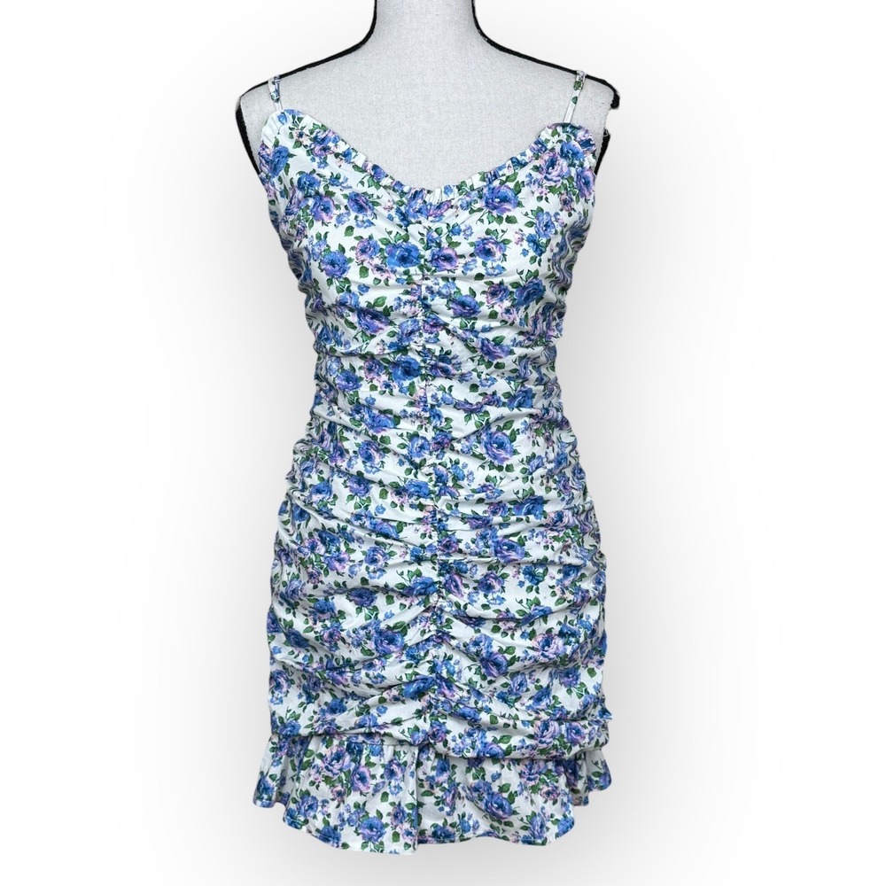 LUSH White Blue Floral Ruched Bodycon Mini Dress‎ Spaghetti Straps Size S